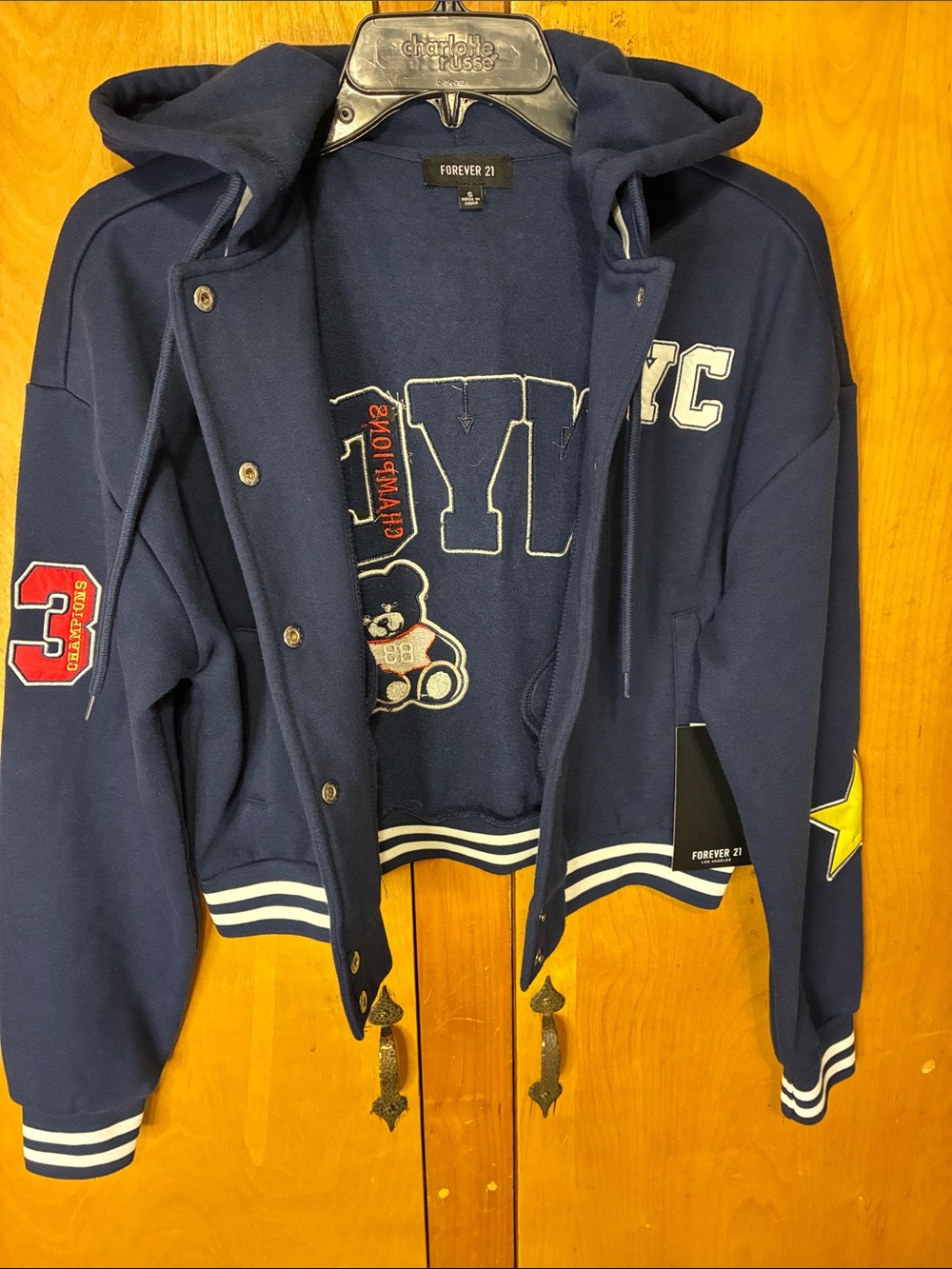 Forever 21 Kids Navy Hooded Varsity Jacket with Teddy & NYC Patches - Picture 5 of 10